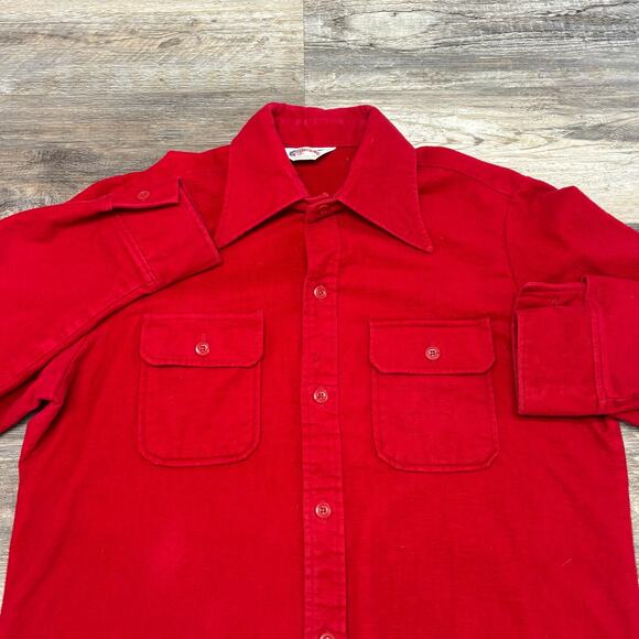Vintage 70s Wrangler Solid Red Mens L Cowboy Western Horse Tag Flannel Shirt USA - Picture 1 of 9